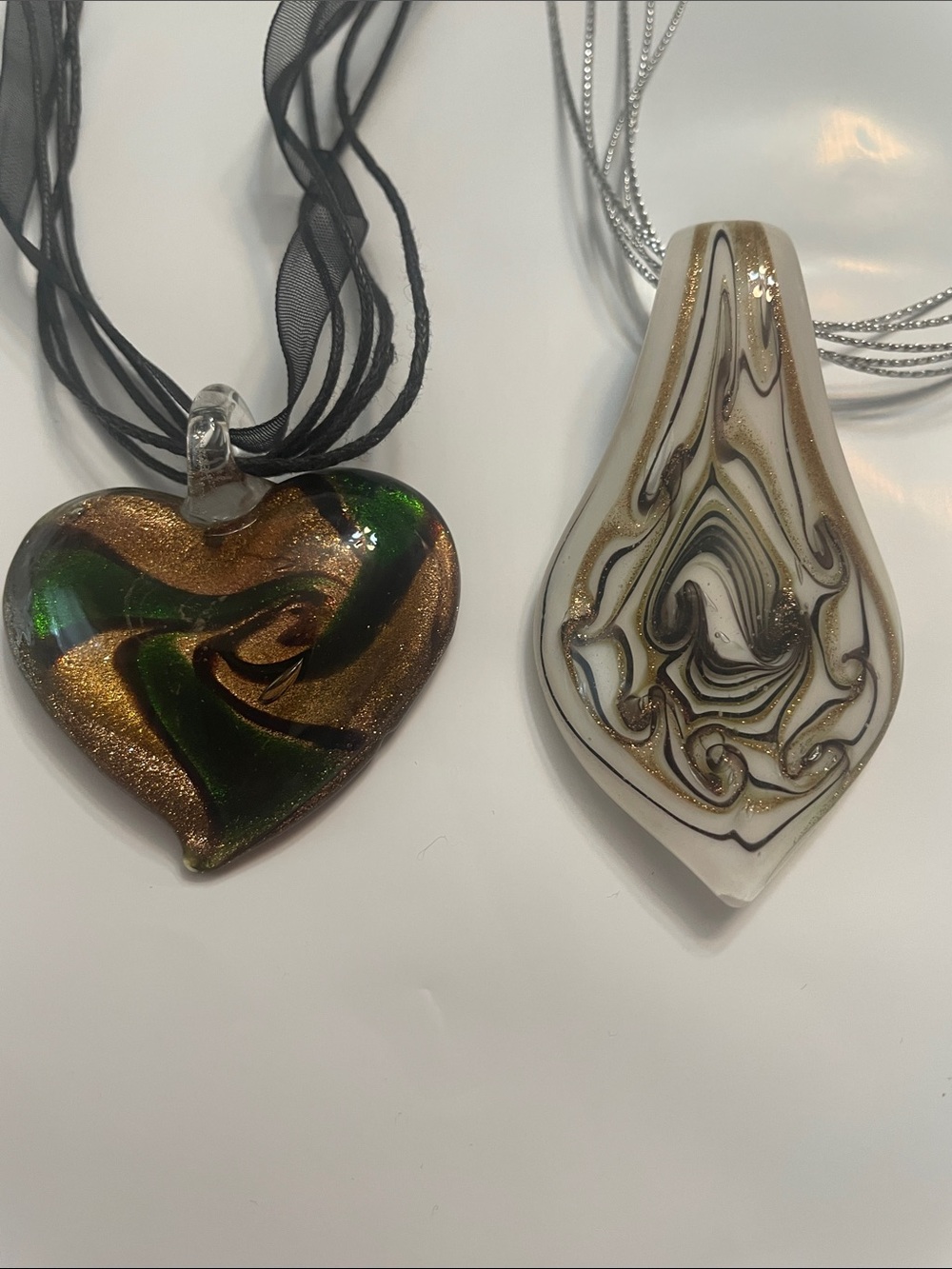 Handmade Glass Heart & Teardrop Pendant Necklaces - Black, Gold, Green, Cream